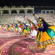 kathakali artists performing on the large stadium ground