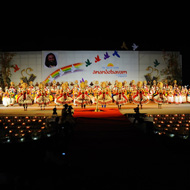 kathakali artists performing on stage